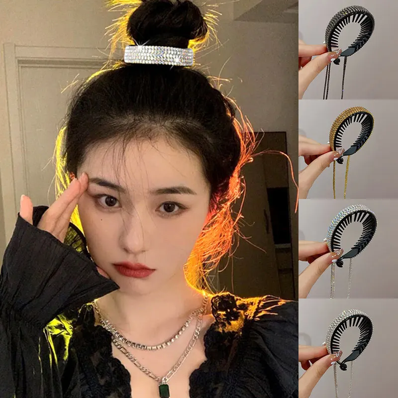 

New Women Elegant Luxury Rhinestone Tassel Ponytail Hair Claws Lady Sweet Meatball Hair Clips Headband Fashion Hair Accessories