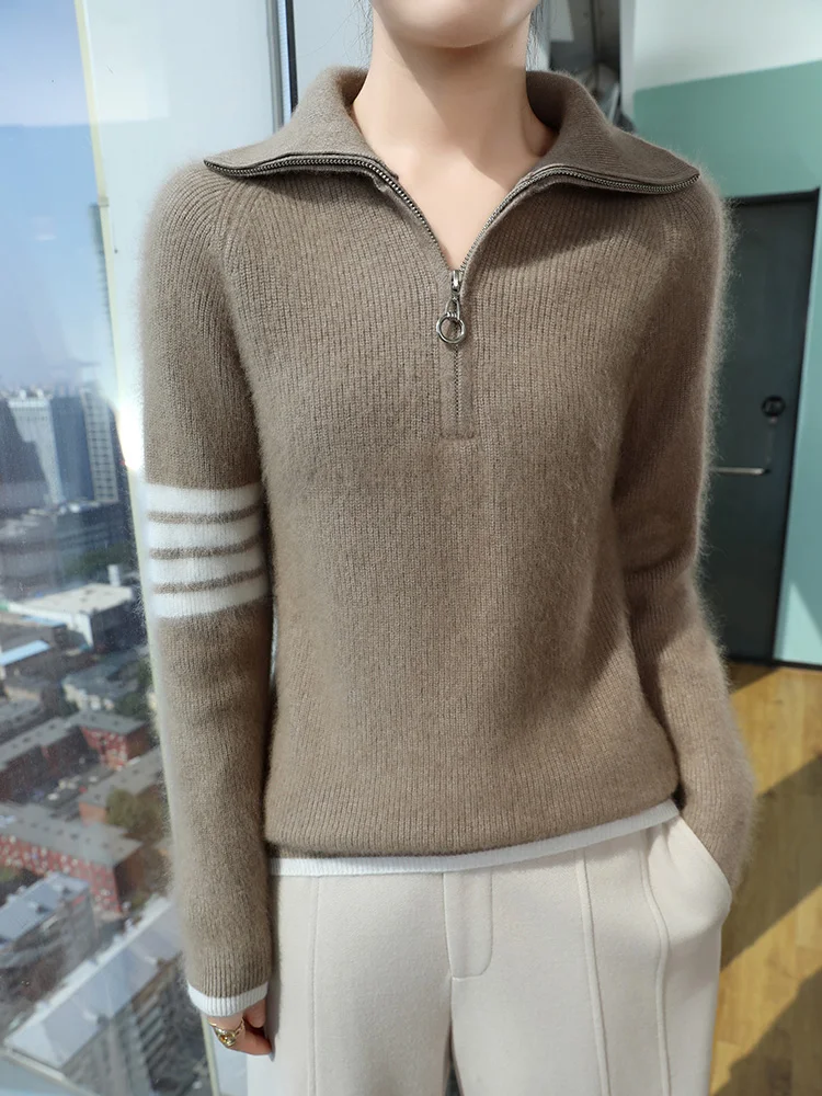 100% чистый норковый кашемировый свитер на молнии женский вязаный пуловер с