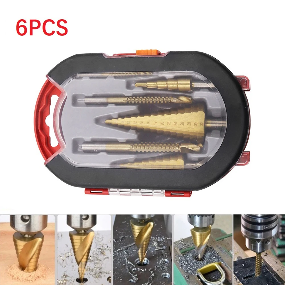 

6PCS HSS Titanium Step Drill Bit 2-Flute 4-12mm/4-20mm/4-32mm For Wood Plastics Steel Aluminium Drilling Holes Power Tools