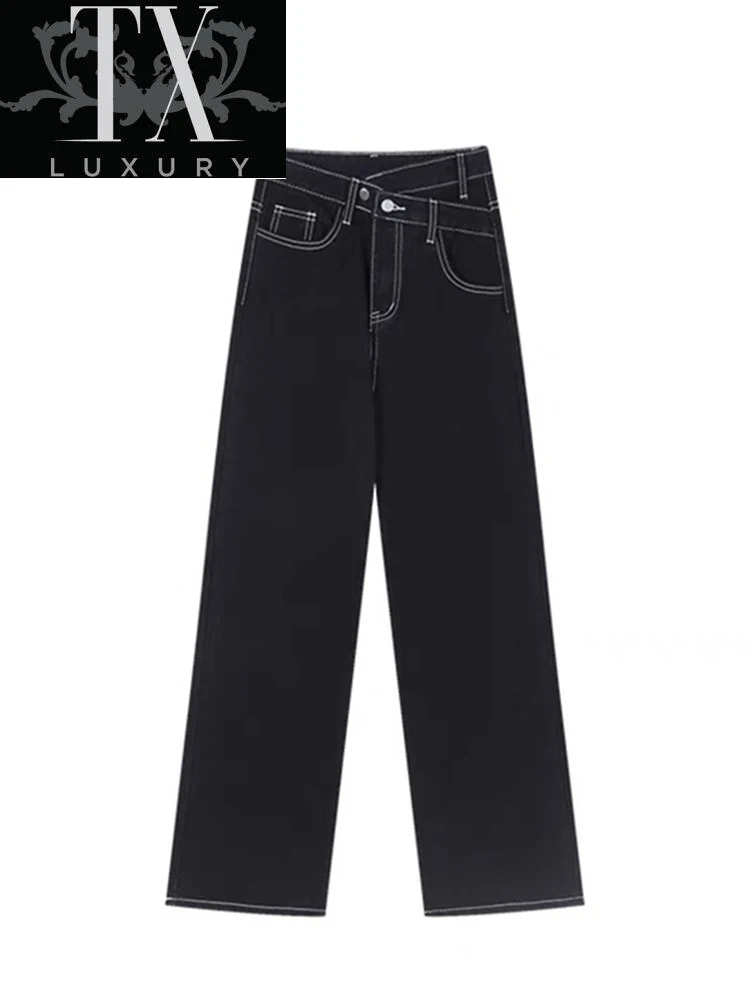 

Jeans Women Korean Style Vintage Black Solid High Waist Summer All-match Casual Trousers Oversize Streetwear Denim Pants Female