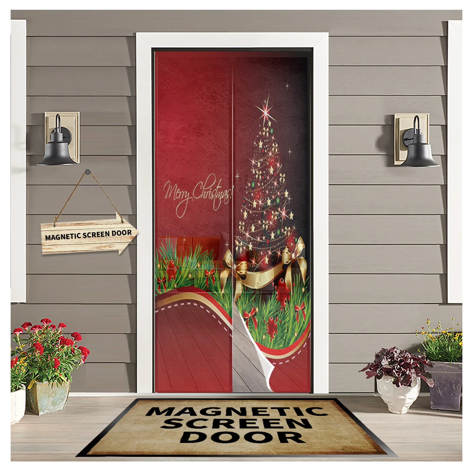 

Christmas Tree Green Grass Red Bottom Magnetic Gauze Door Window Screen Anti Mosquito Net Door Curtain Room Divider Screens