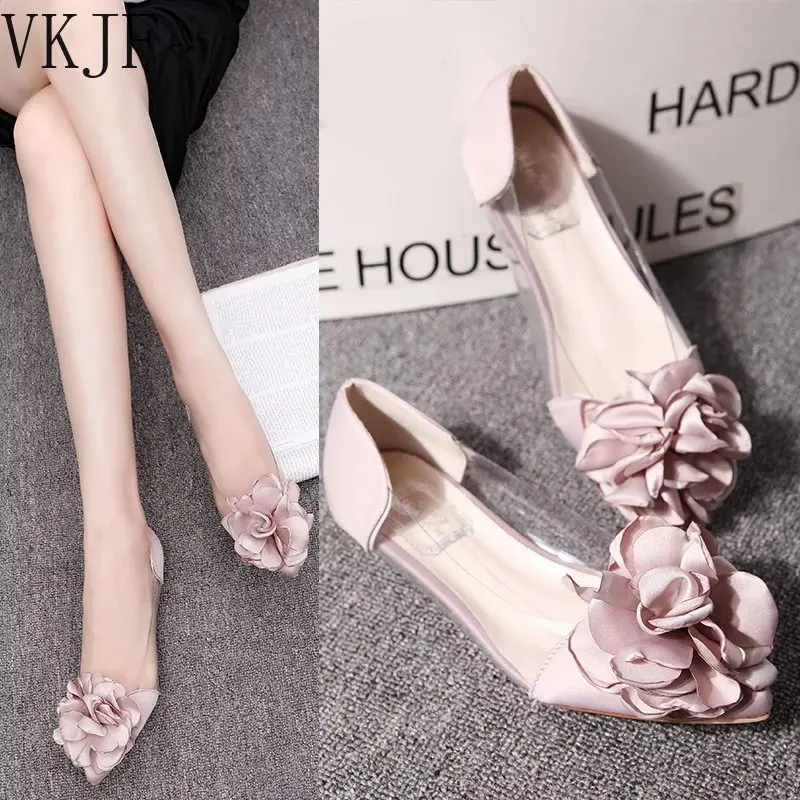 

Summer Autumn Flats Shoes Big Camellia Floral Sweet Lady Transparent Flat Heel Shoes Sandals Slip On Basic
