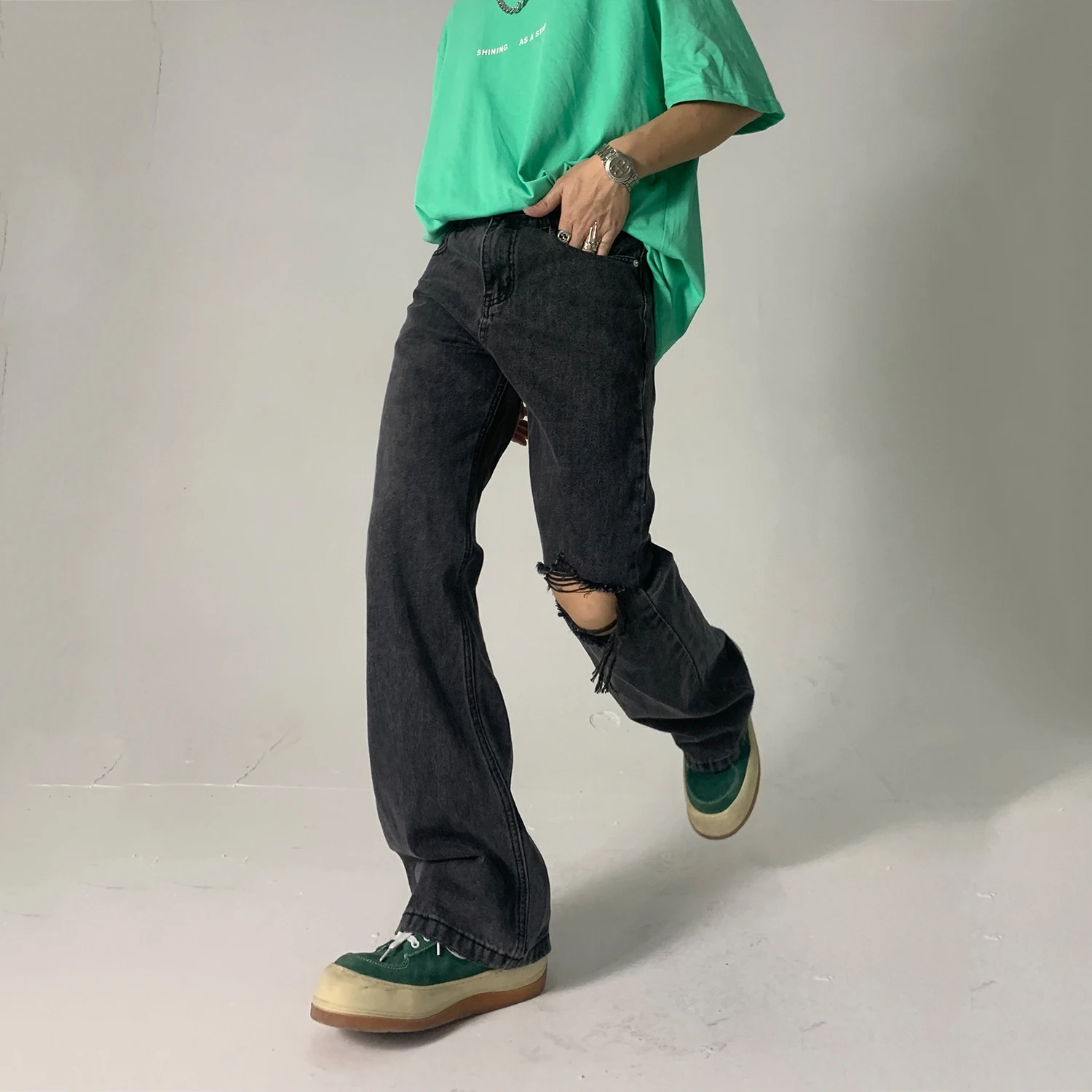 Black and Gray Ripped Jeans Korean Version of The Trend Y2k Pants Men's Micro-flare Loose Trousers Men's and Women's Same Style