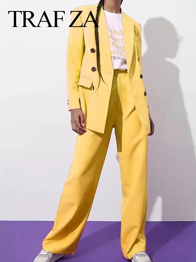 

TRAF ZA Blazer Jacket Set Button Pocket Solid Long Sleeve Casual Straight + All-match Pocket High Quality Straight Suit Trousers