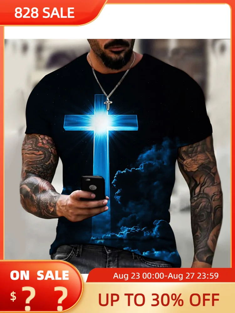 

Christian Mens Clothing T Shirts Oversized T Shirt Gothic Jesus Christ Cross 3D Print O-neck Tops Vintage Hip Hop Short Sleeve