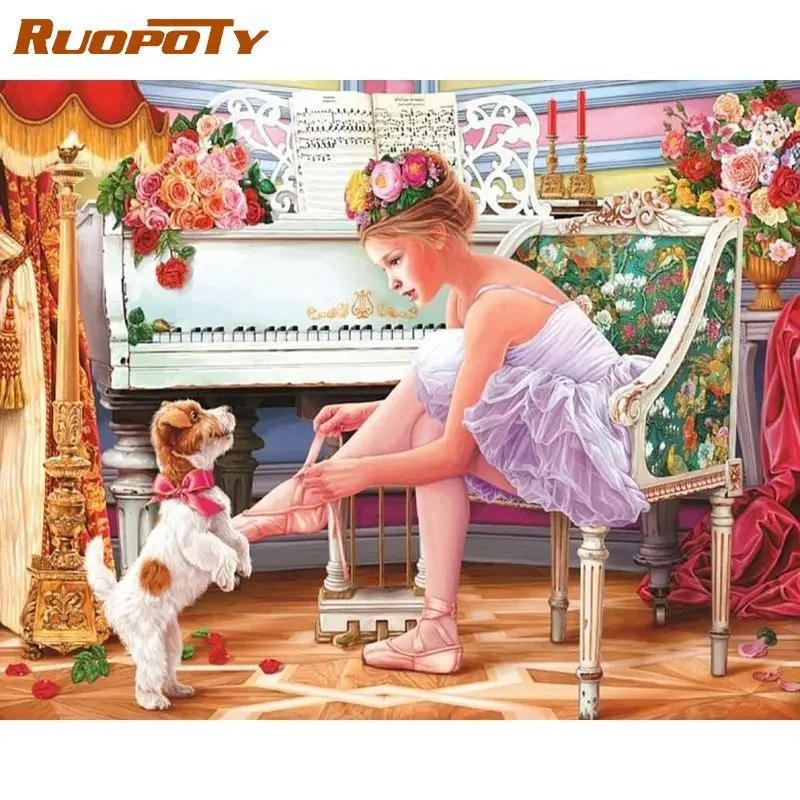 

RUOPOTY Acrylic Paint Diy Painting By Numbers For Adults With Frame Dog Animals Girl Picture By Number Kits For Personalized Gif