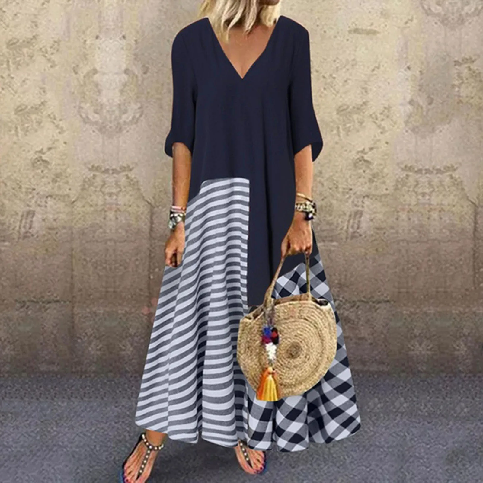 

Fashion Summer Maxi Dress Women 2023 Stiching Sundress Elegant Shirt Dress Casual Vintage V Neck Half Sleeve Vestido Female Robe