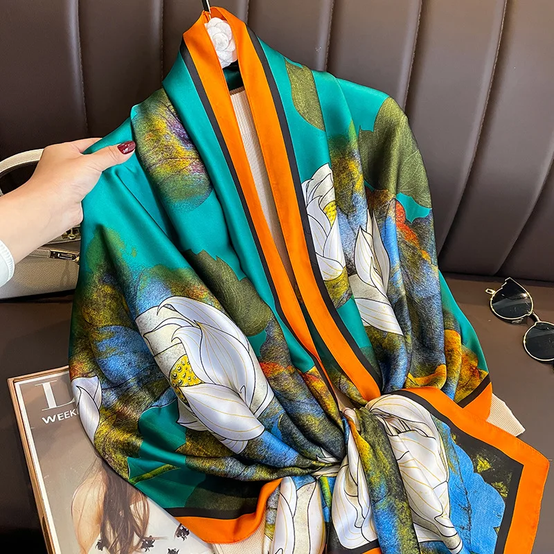 

180*90cm Korea New Fashion Printed Silk Scarves Women Flower Printed Large Size Shawl Towel Beach Long Silk Shawl for Lady Hijab