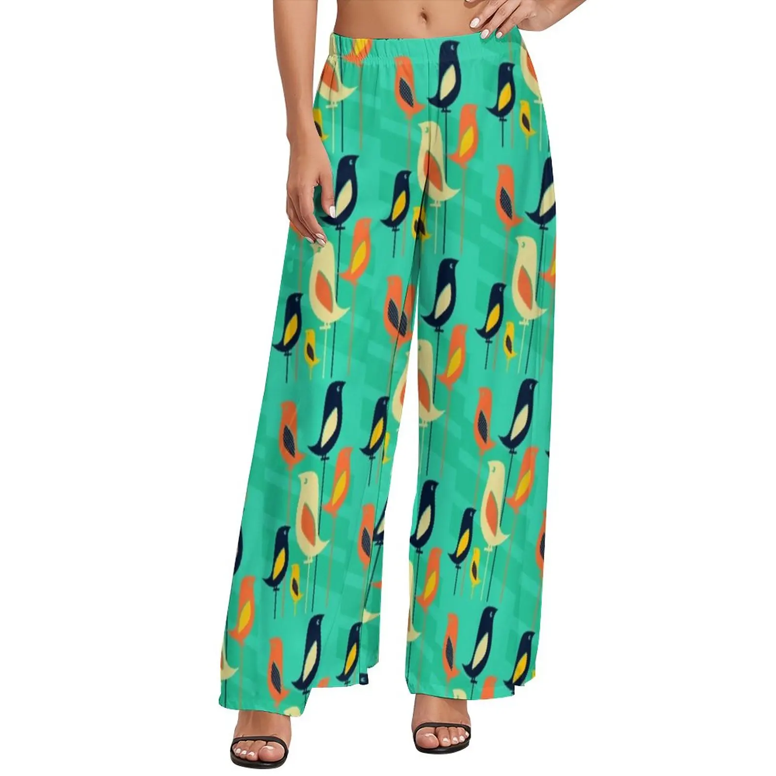

Cute Retro Birds Straight Pants Mid Century Classic Wide Pants Female Oversize Streetwear Pattern Trousers