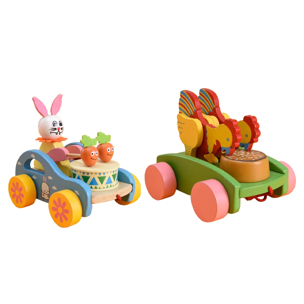 

2 Pcs Wooden Along Baby Rope Tractor Children String