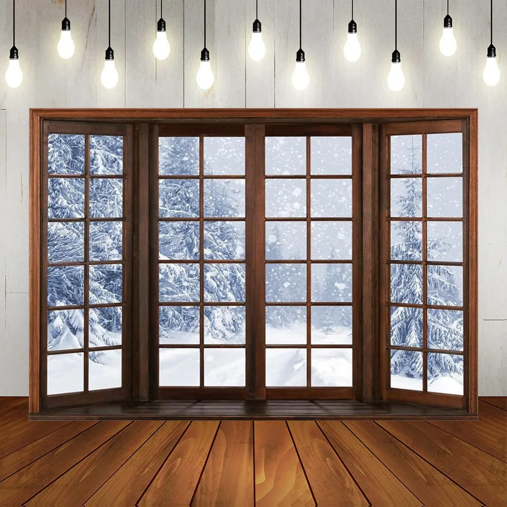 

Фон для фотосъемки с изображением замерзшего снега и наружного окна, бесшовный фон с изображением коричневого деревянного пола и снежинок для свадебного портрета