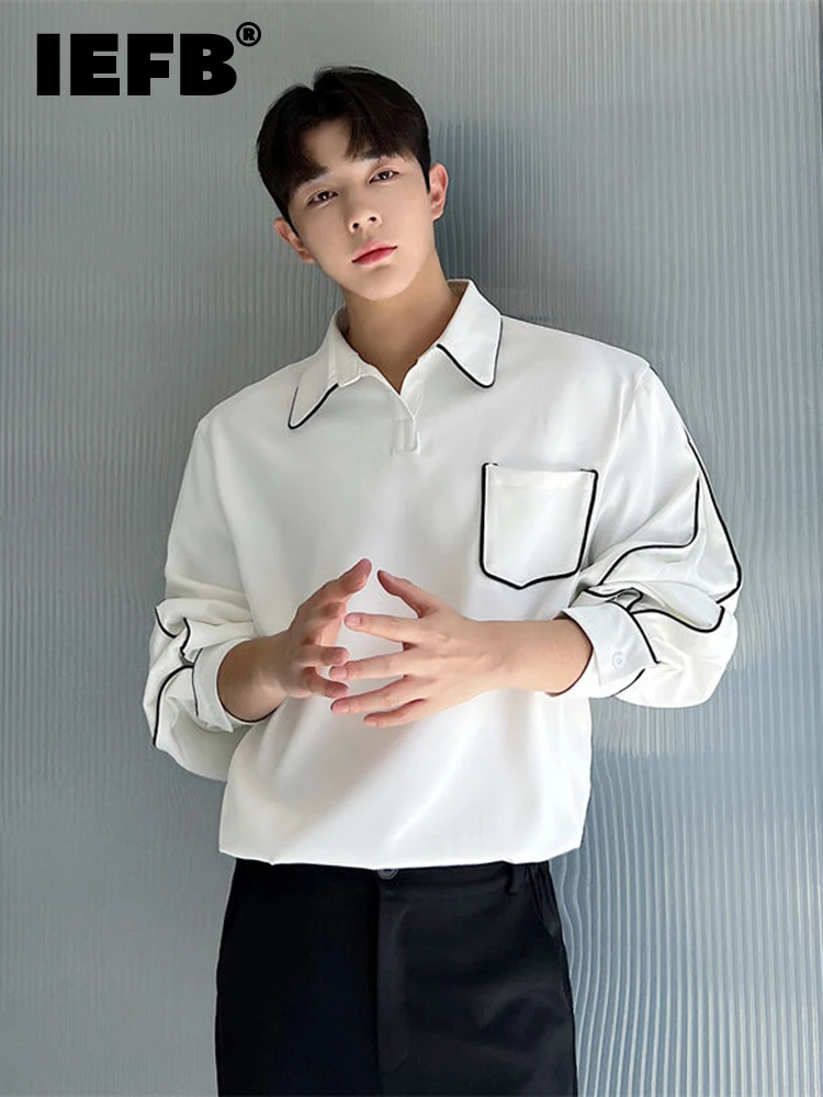 

IEFB Korean Version Contrast Color Straight Loose Shirt Of Men Handsome Fashion Tide Casual Male Turn-down Collar Tops 9A3013