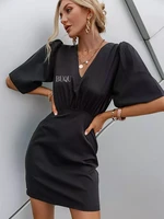 luxury black short sleeve summer women dress 2021 sexy v neck solid high street dress elegant a line ladies mini vestido