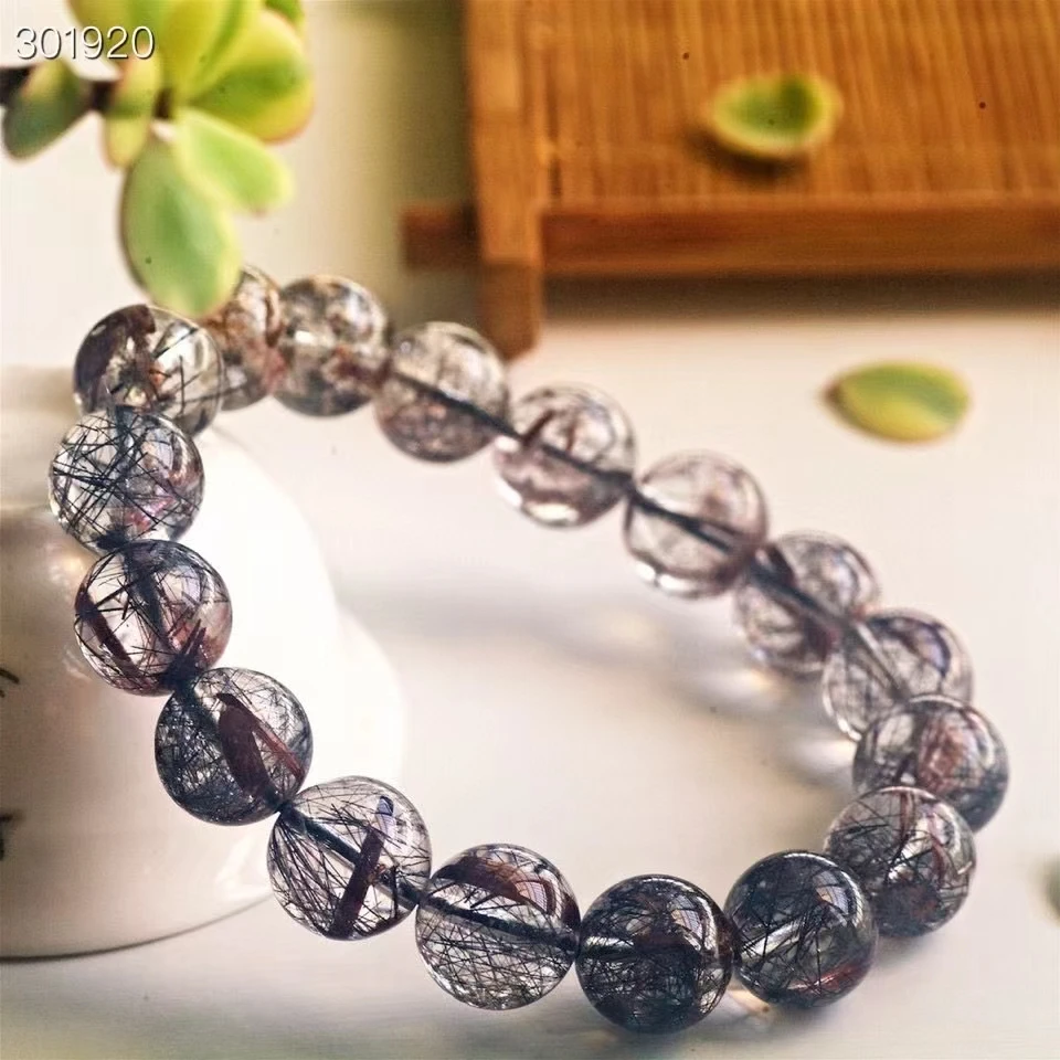 

Natural Black Rutilated Quartz Crystal Clear Round Bead Stretch Bracelet 11.8mm Women AAAAAA Genuine