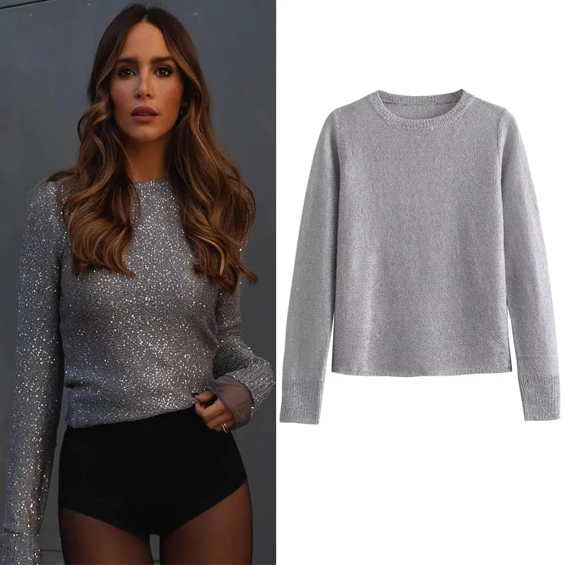 

TRAF New Grey Sweater 2023 For Women Korean Autumn Pullovers Woman Fashion Long Sleeves Knitwears Female Casual Round Neck Tops