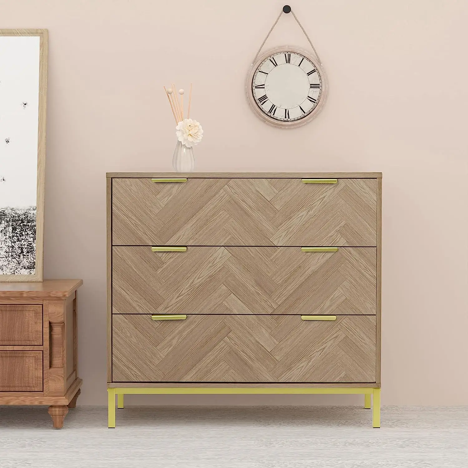 

Комод с 3 выдвижными ящиками, шкаф из натурального дуба среднего века, мебель для спальни с золотыми металлическими ножками H0037