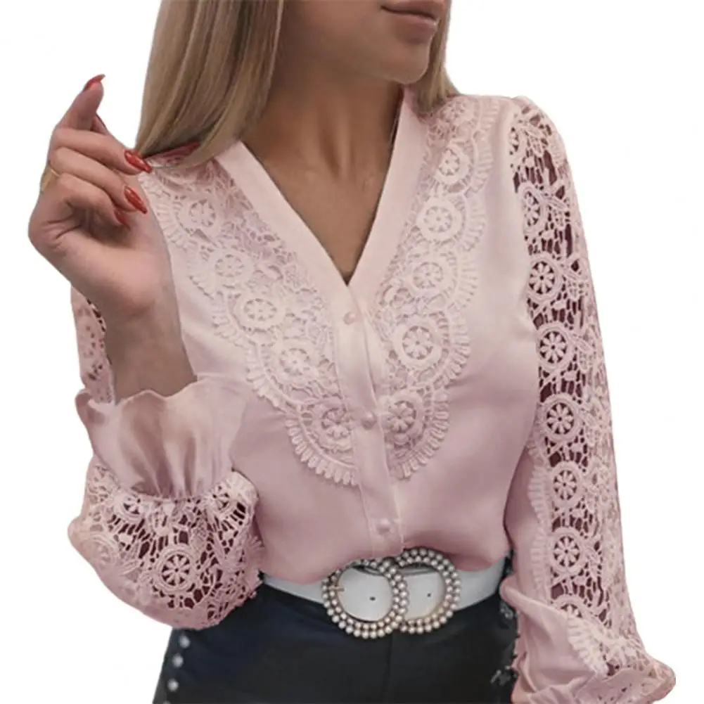 

Shirts Blouses Stand Collar Long Sleeve Faux Pearl Buttons Shirt Embroidery Hollow Flower Pattern Lace Sweet Shirt Female