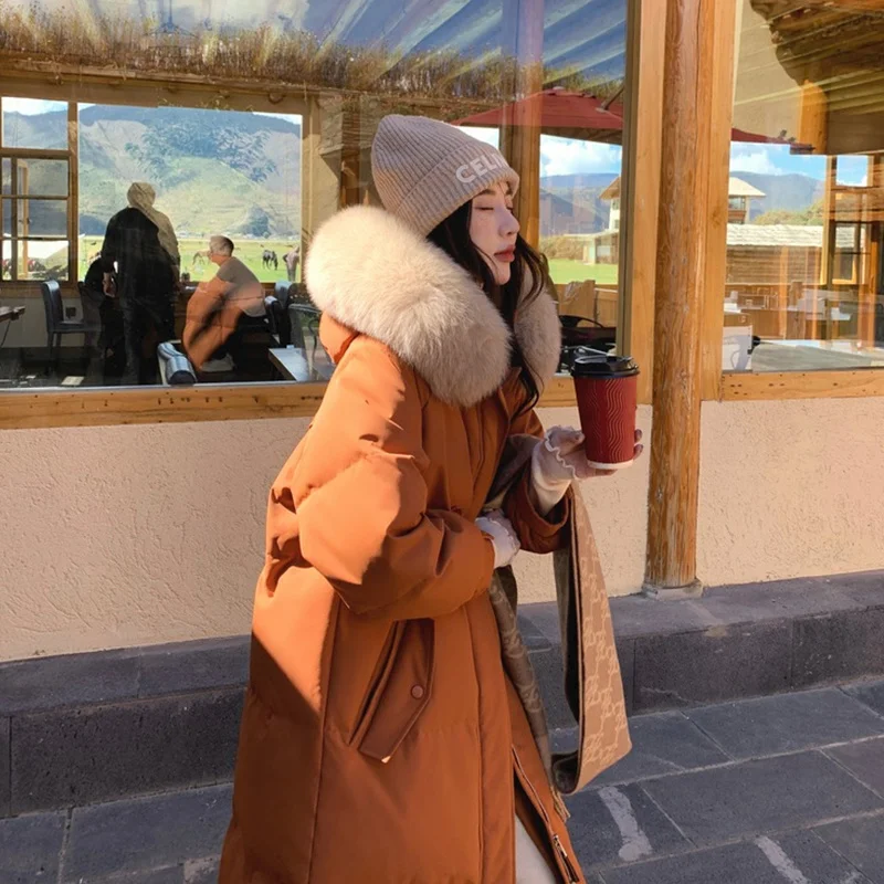 

White duck down winter new down jacket Women's medium long over knee large fur collar winter down work coat