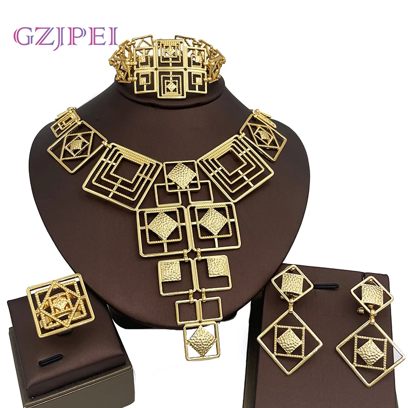 

Quality 18K Gold Plated Dubai Jewelry Sets For Women African Jewelry Bold Design Necklace Earrings Ring Bracelet Free Shipping
