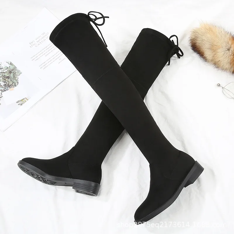 2022 Winter Over The Knee Stretch Boots Women's Fashion Thick Heel Mid-heel Boots Plus Velvet Warm High Tube Flat Skinny Boots