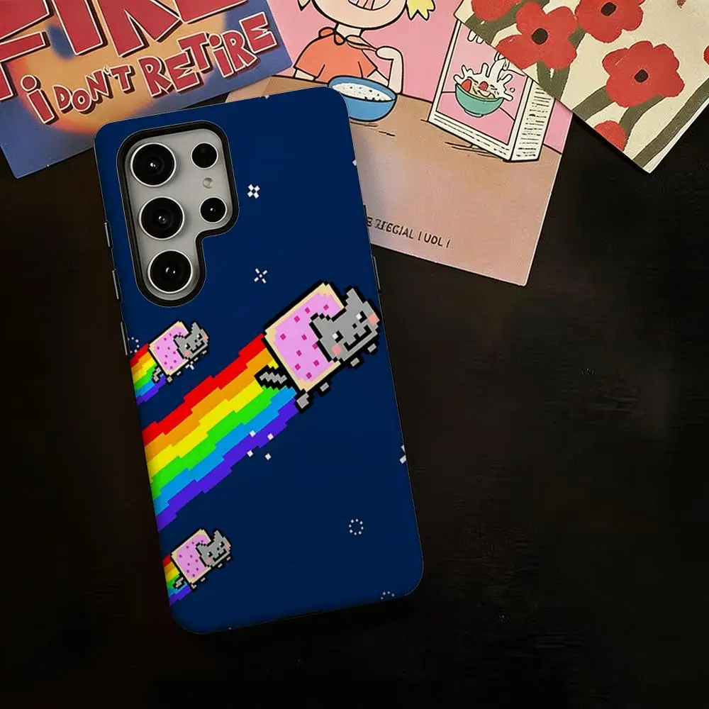 Фото Модный милый чехол для телефона N-Nyan Cat для Samsung Galaxy S25 S24 S23 S22 S21 Plus Ultra, глянцевый корпус 2-в-1. №1