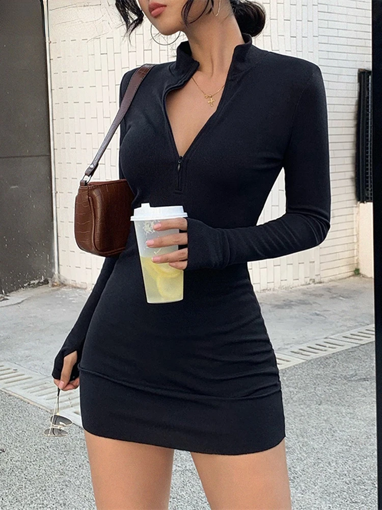 

Macheda Elegant Autumn Winter Black Bodycon Dress Women 2023Turtleneck Slim Ribbed Knitted Long Sleeve Mini Dress