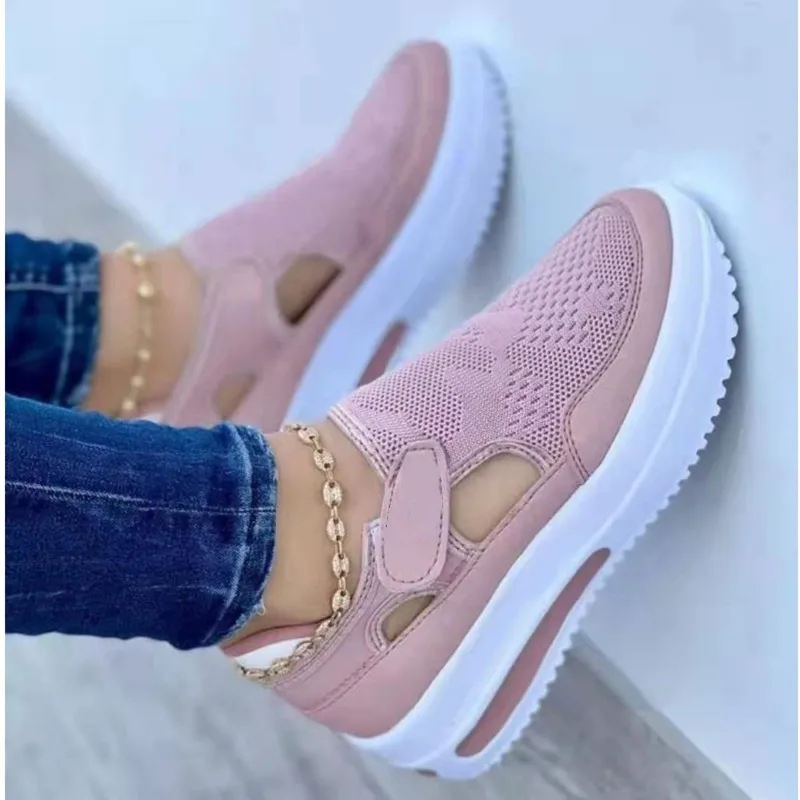 2022 spring and summer new  large size flying woven breathable casual women's shoes wedge heel Velcro low-top single