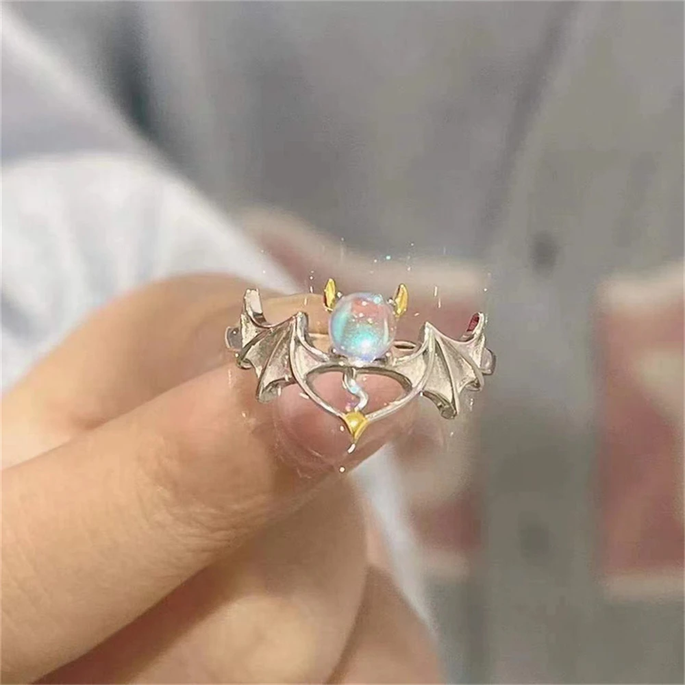 

INS Style Angel Wing And Devil Moonstone Ring for Women Men Silver Color Lover Couple Rings Adjustable Finger Jewelry Party Gift