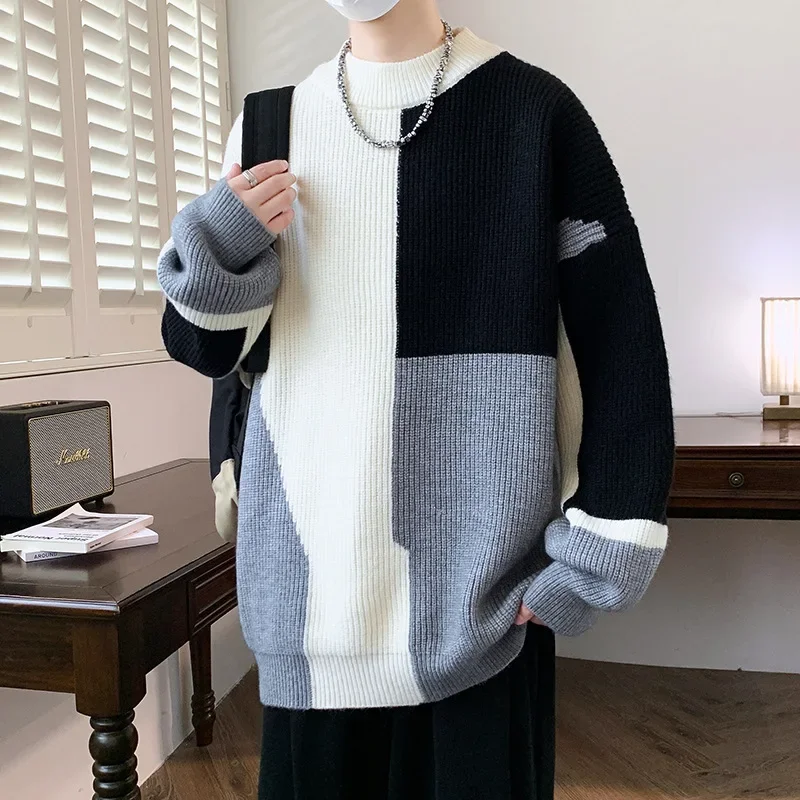 2024 New Men's Sweater Winter Warm Base Layer Top Student Unique Trendy Brand Thickened Inner Knit Casual Crew Neck