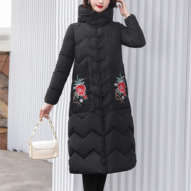 Fashion Ethnic Embroidered Down cotton Jacket Women Warm Loose Long Overcoat Windproof Hooded Parkas Thick Cotton Cheongsam Coat