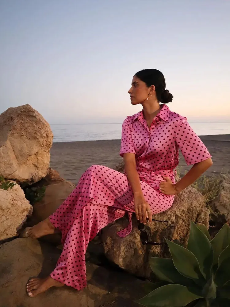 

Женский комбинезон в горошек, винтажный комбинезон с коротким рукавом и поясом, длинные брюки с боковыми карманами, 2022