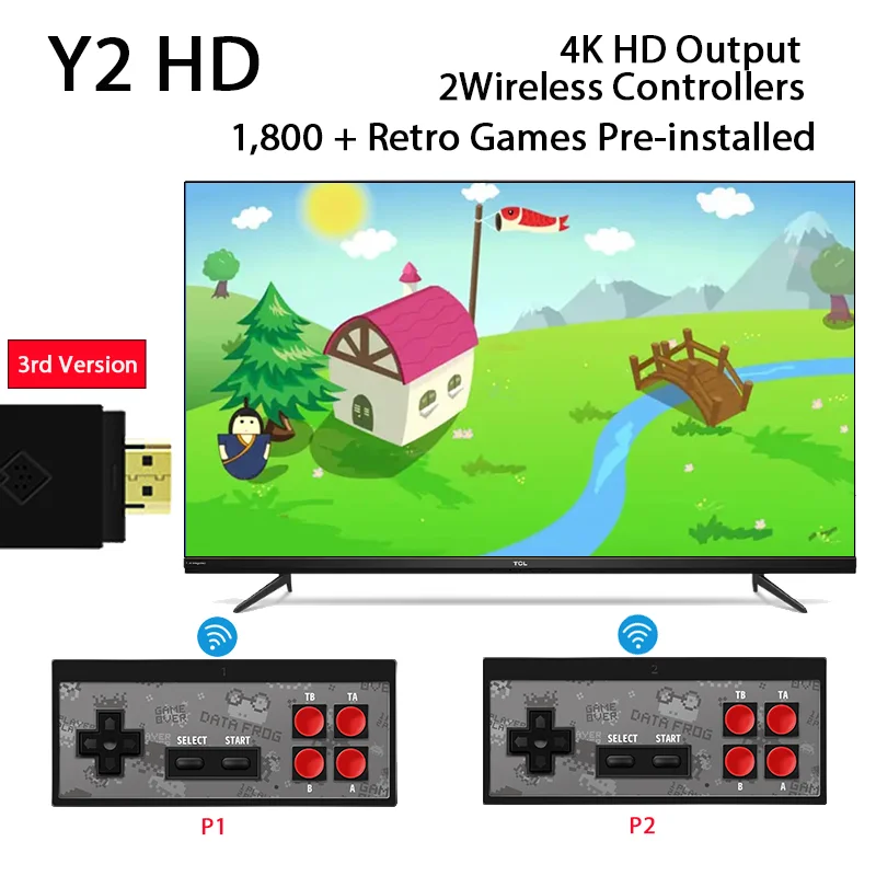 

Data Frog Y2 1800+ Retro Video Game Console HD Output 2.4G Wireless 2Controllers 4K Game Stick NES Dendy Console for Kids Gifts