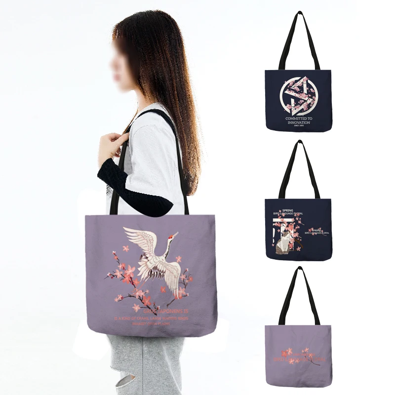 

Japanese Style Women's Tote Handbag Casual Large Capacity Shopper Shoulder Bags Cat Crane Print Fashion Handbags