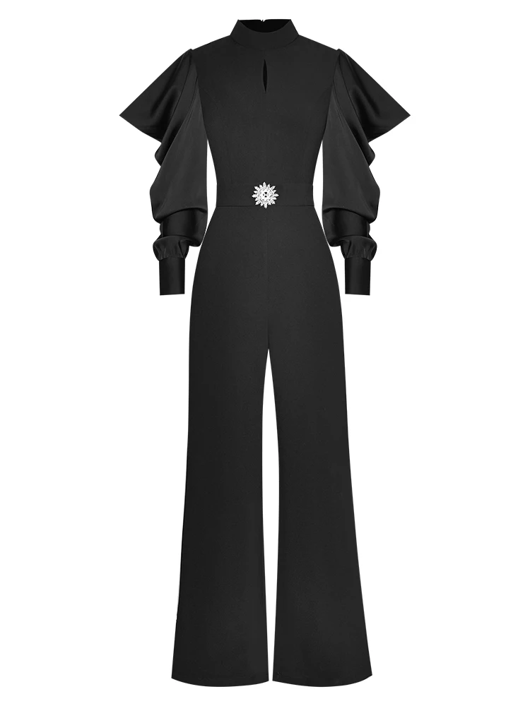 2023 Spring Runway Elegant Jumpsuits Womens Rompers Ruffle Patchwork Long Sleeve Party Overalls One Piece Full Length Pants