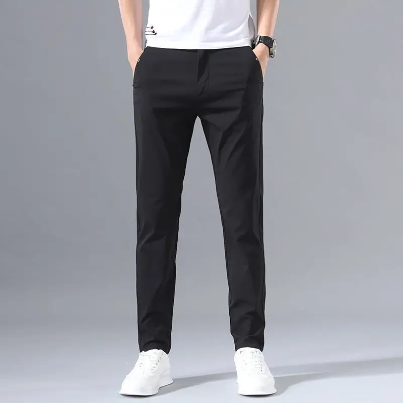 

2022 Summer Men's Fashion Ice Silk Trousers Male Solid Color Mid-Waist Loose Pants Men Breathable Straight-Leg Casual Pants G236