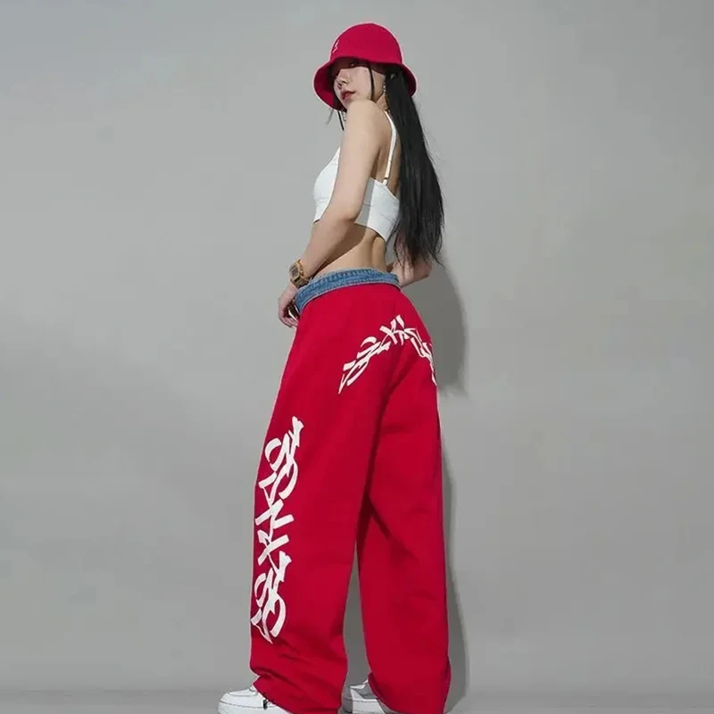 

American Fashion Streetwear Red Baggy Straight Casual Pants Hiphop Female High Waist Wide Leg Sweatpants Slacks Vintage Pantalon