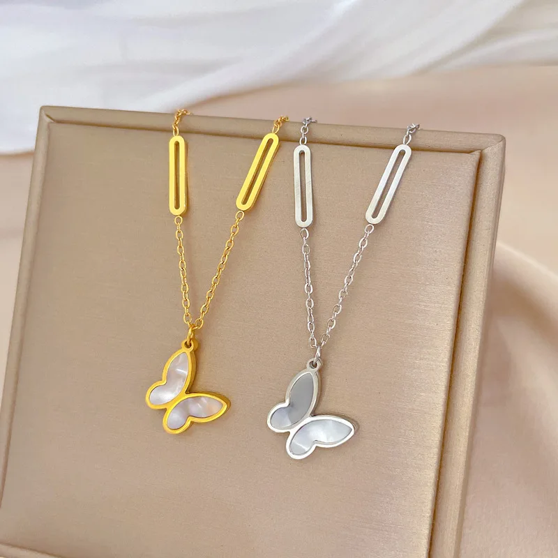 

Ins Style 2 Colors Butterfly Shell Necklace for Women Girl Pendant Choker Stainless Steel Jewelry Elegant Insect Statement Gift