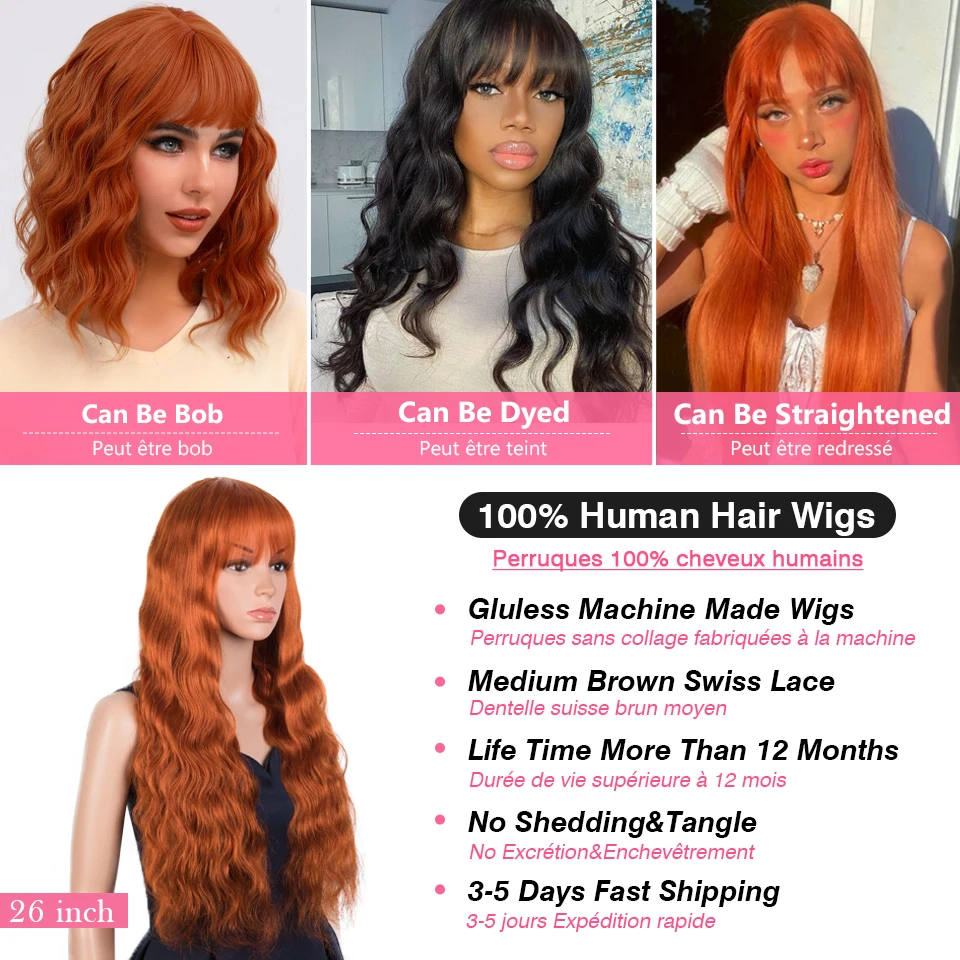 Дебютные длинные волнистые человеческие волосы парики с челкой короткие без