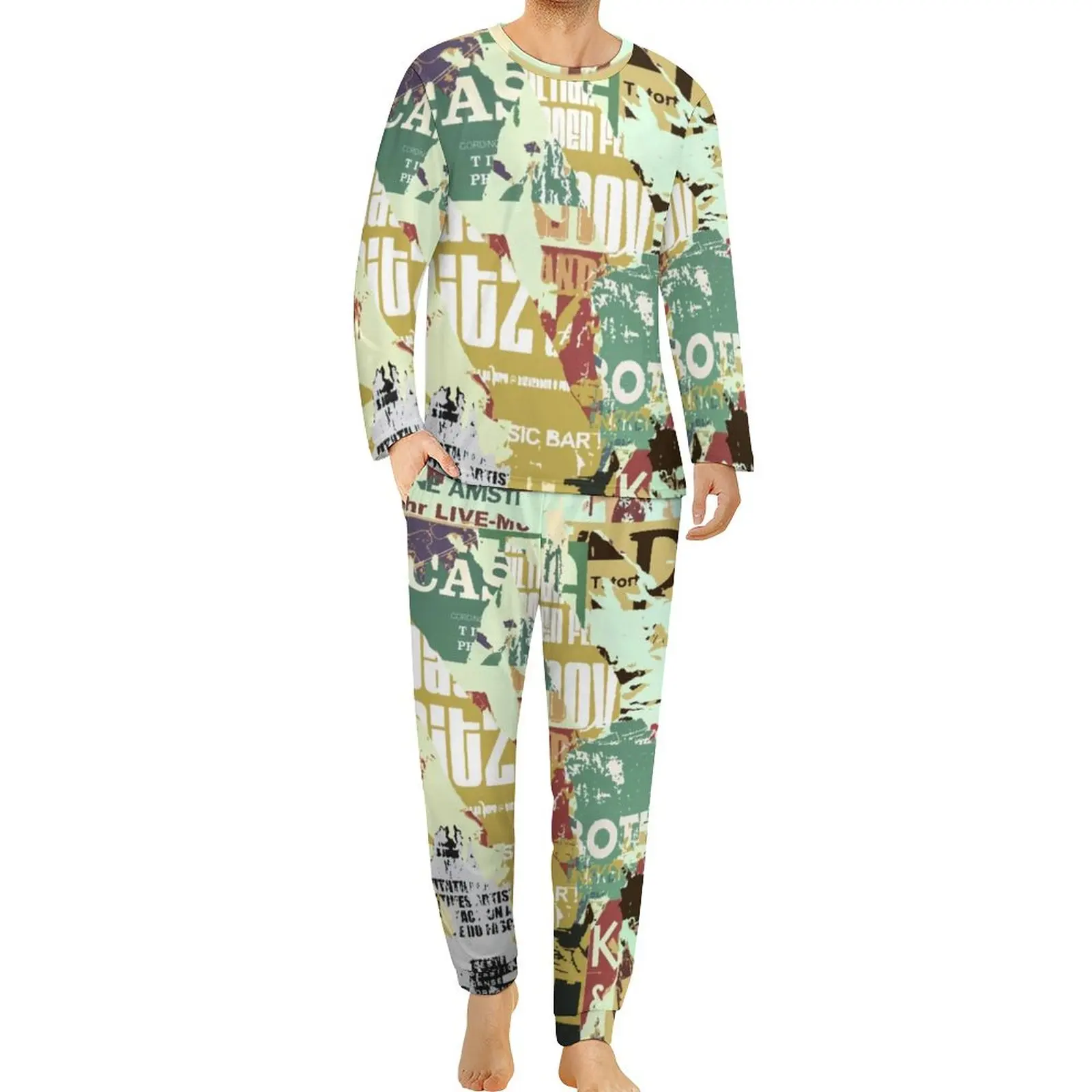 

Newspaper Collage Pajamas Man Vintage Aesthetic Cool Sleepwear Spring Long-Sleeve 2 Pieces Bedroom Graphic Pajama Sets 4XL 5XL