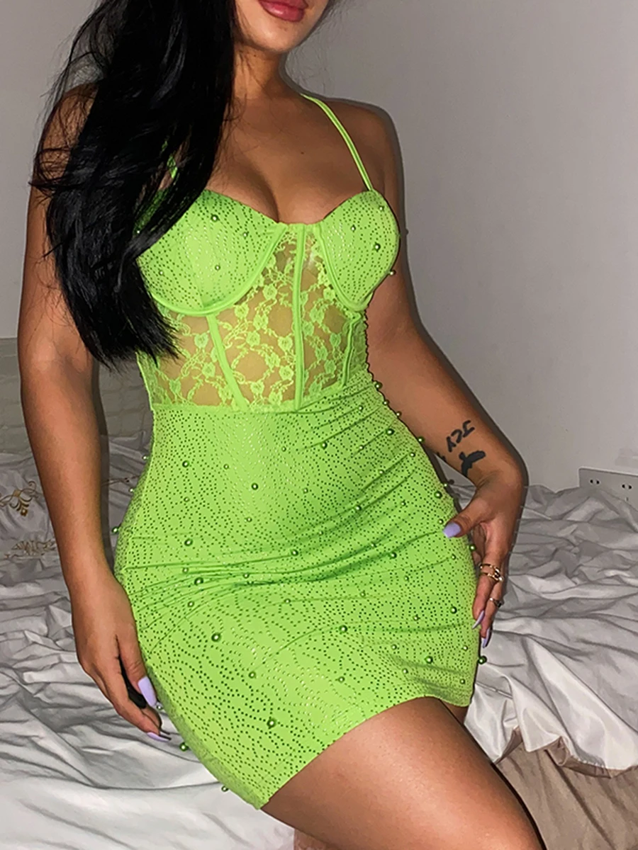 

Women Mini Bodycon Dress Beaded Lace Fishbone Waist Shaping Low-Cut Sleeveless Sling Dress Summer Wrapped Hip Party Dress
