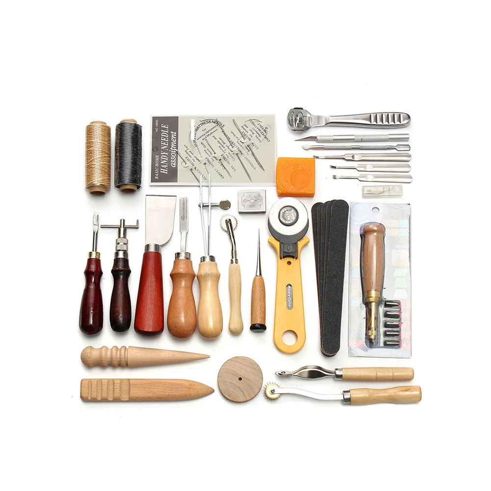 

37Pcs Leather Craft Tools Kit Hand Sewing Stitching Punch Carving Work Saddle Home DIY Accessories