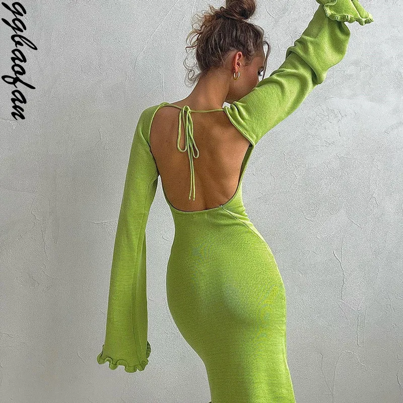 

Элегантный пикантный трикотажный свитер с открытой спиной Ggbaofan, модное шикарное платье, однотонные платья с длинным рукавом и съедобным деревом