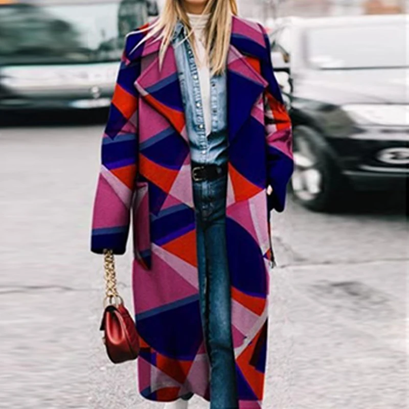 

Women Autumn Winter Long Sleeve Overcoats Retro Geometric Print Long Wool Cardigan Elegant Turn-down Collar Office Top Outerwear