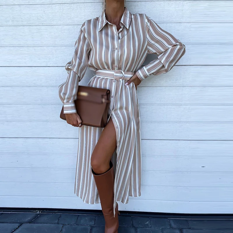 

Commute Women Split Long Sleeve Long Dress Fashion Button Lapel Shirt Dresses Spring Fall Pockets Lace-up Striped Party Dress