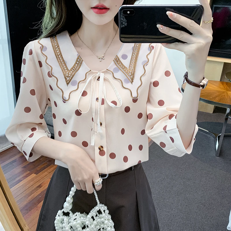 

2022 Summer New Design Chiffon Women Shirts Blouses Sweet Ladies Tops Belt Loose Young Foreign Style Shirts