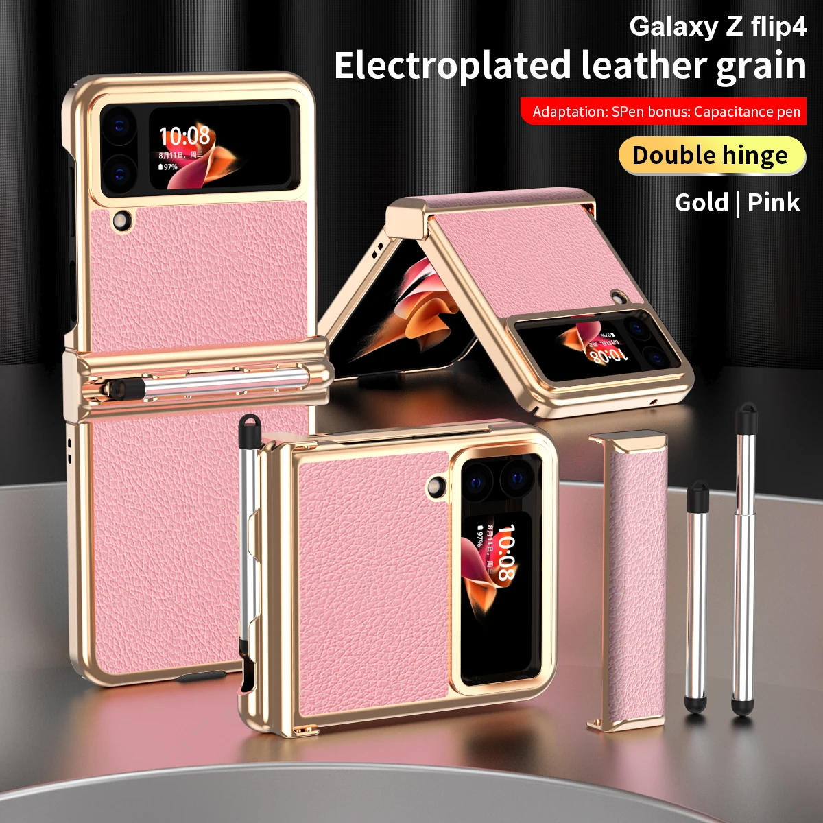 

Hingle Case for Samsung Galaxy Z Flip 4 Cover Plating Frame PU Leather Full Protective Shell with Spen Pen Shell Phone Holster