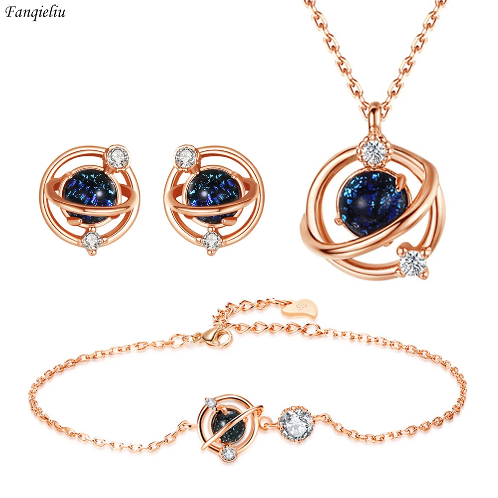 

Fanqieliu 925 Silver Needle Stud Earrings Crystal Link Bracelets Planet Pendant Necklace Jewelry Sets For Women New FQL22257