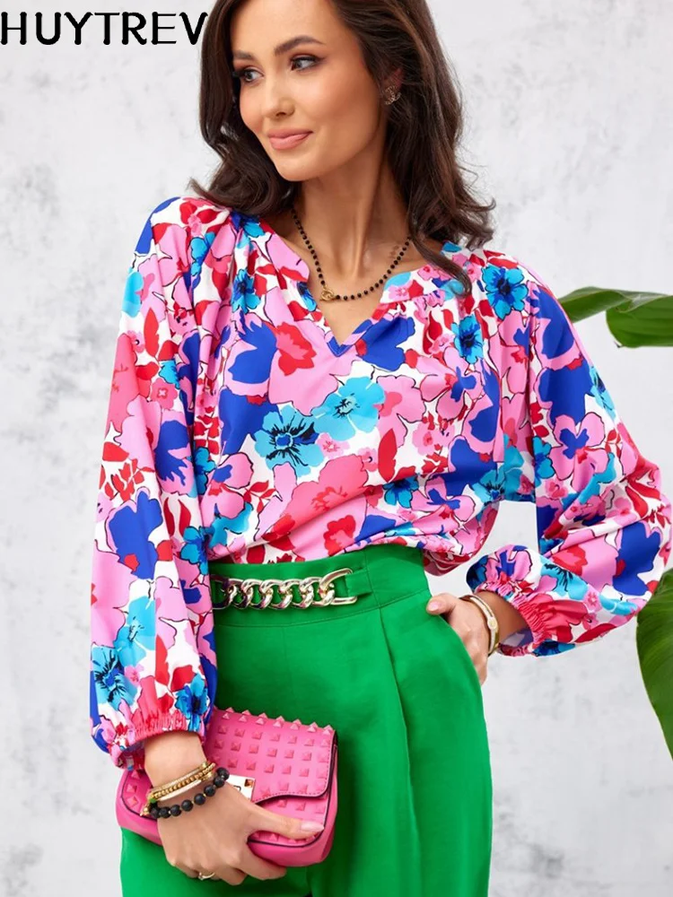 

Casual Print Chiffon Shirt Top For Women Summer Floral Office Work Blouses Woman Clothes Spring V Neck Long Leeve Ladies Shirts