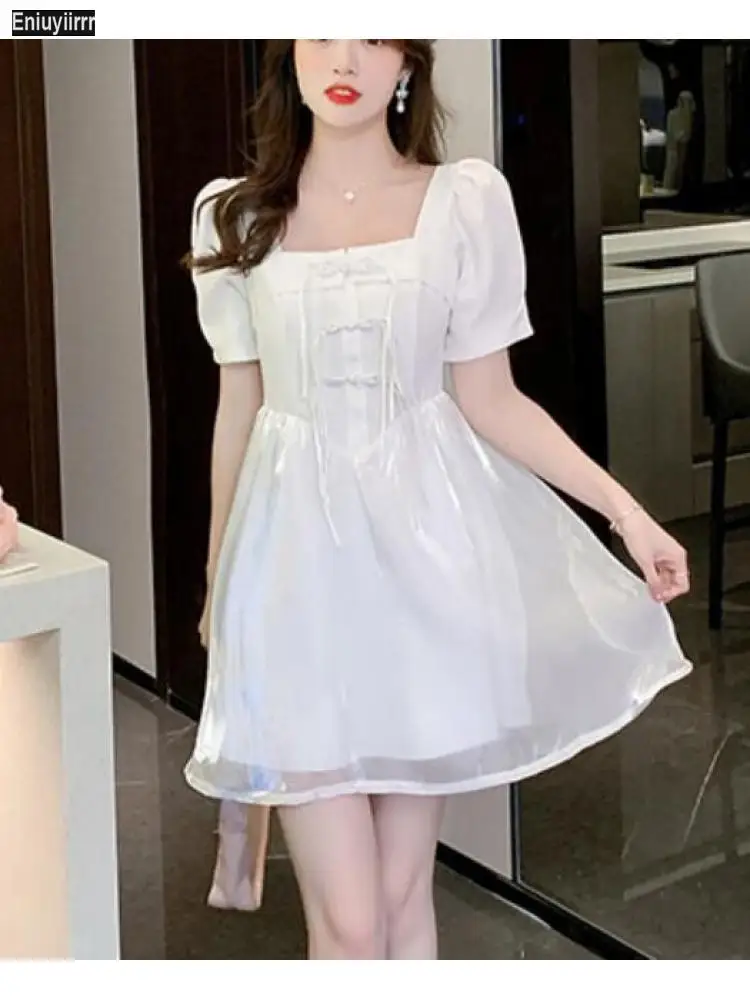 

Romantic Floral Lace Bow Tie Gift Dress Women Clothes 2022 Cue Sexy Sheer Mesh White Mini Party Dresses