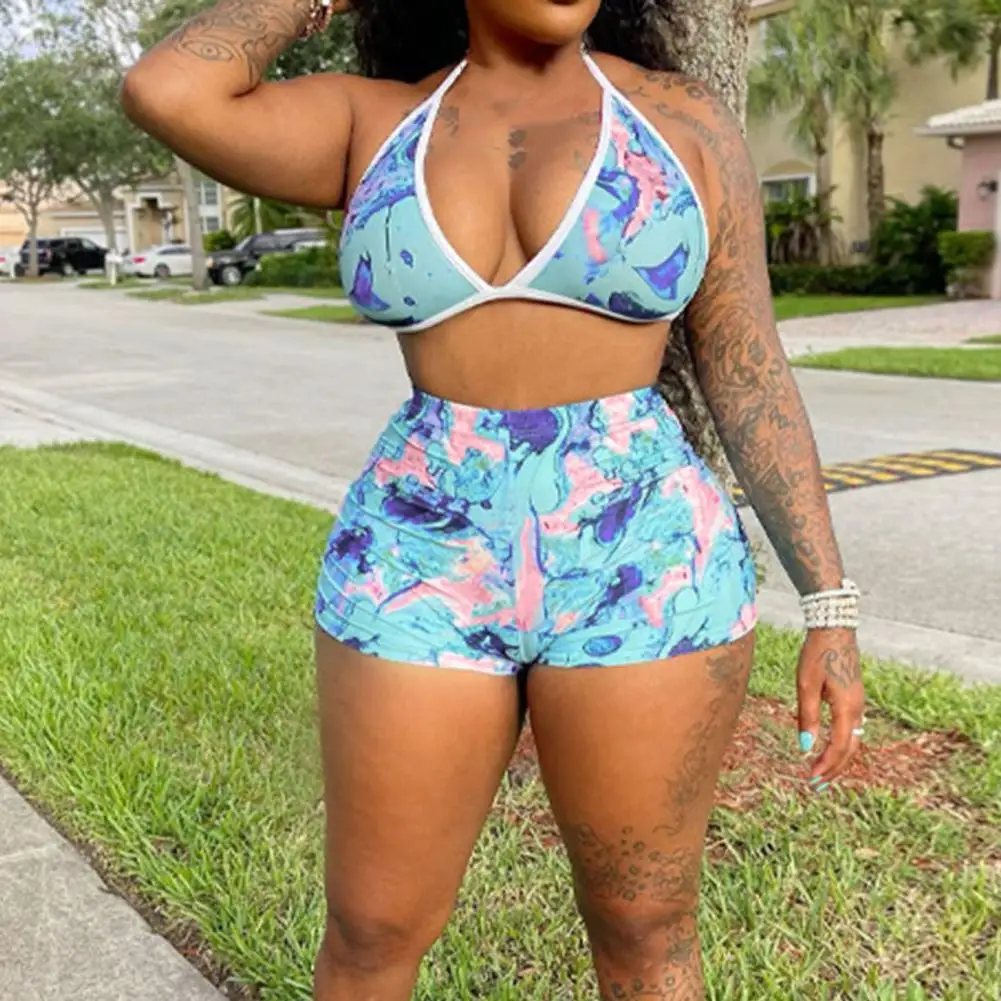 

2 Pcs/Set Women Bra Shorts Set Colorful Print Above Knee Vest Artistic Holiday Low-cut Sexy Halter Neck Sleeveless Female Clothe